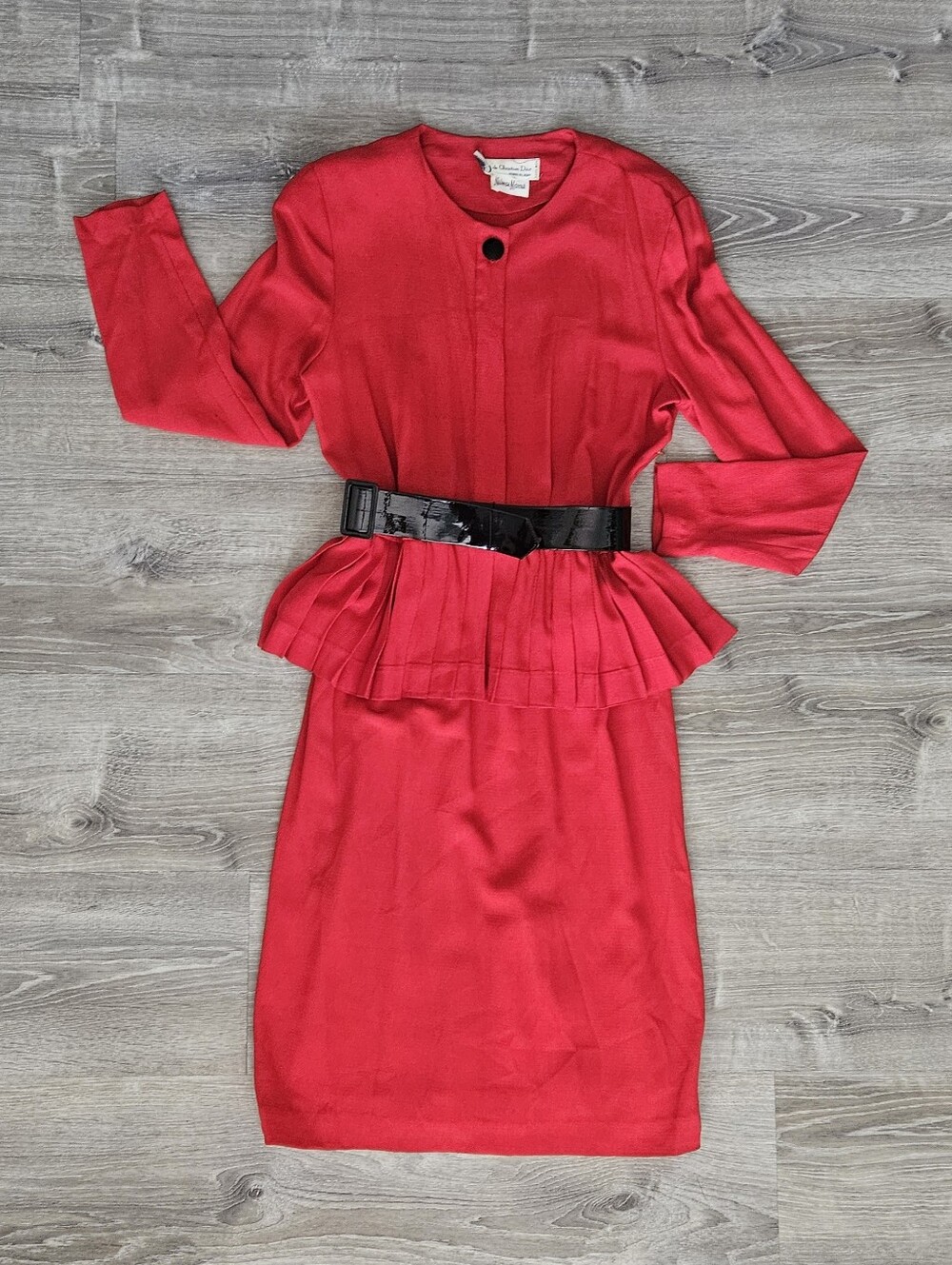 VTG 70s 80s Christian Dior Red Crepe Pleated Peplum Power Dress Neiman Marcus 14